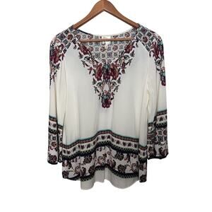 Fig and Flower Anthropologie Tunic Top White Multicolor Floral Sz Small